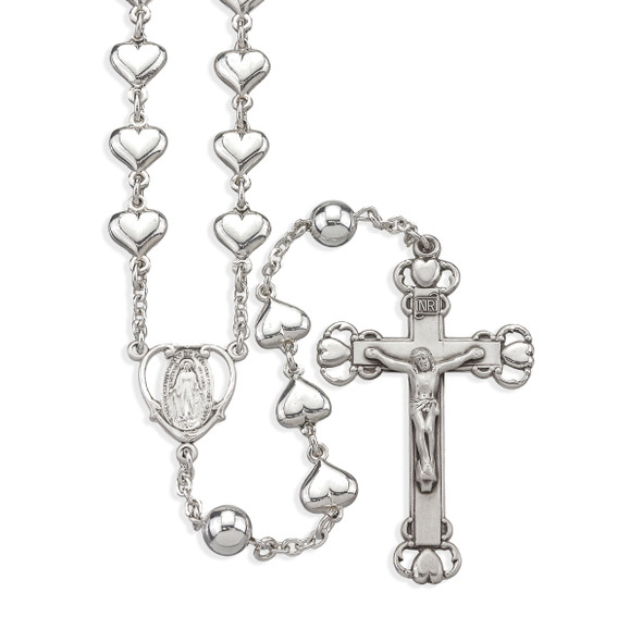 Sterling Silver Solid Heart Shape Rosary with 8mm Round Sterling Silver Bead Rosary