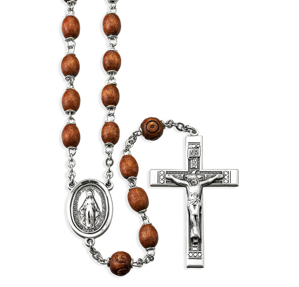 Brown Oval Boxwood Rosary Sterling Crucifix and Centerpiece