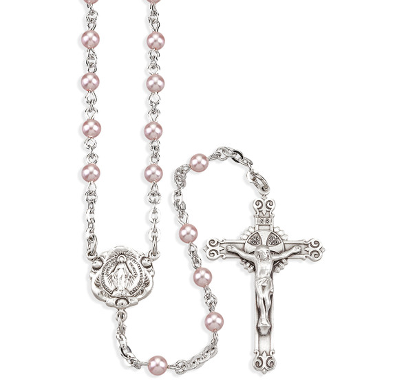 Rosary Sterling Crucifix and Centerpiece Created with finest Austrian Crystal 4mm Pearl Beads in Pink by HMH