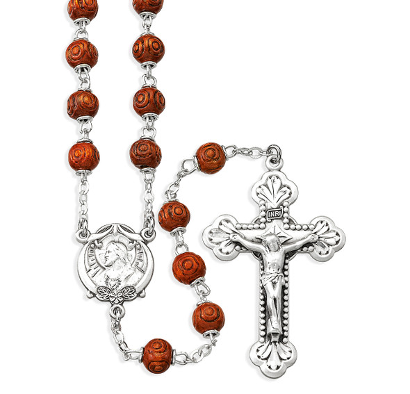 Brown Carved Boxwood Bead Rosary Sterling Crucifix and Centerpiece