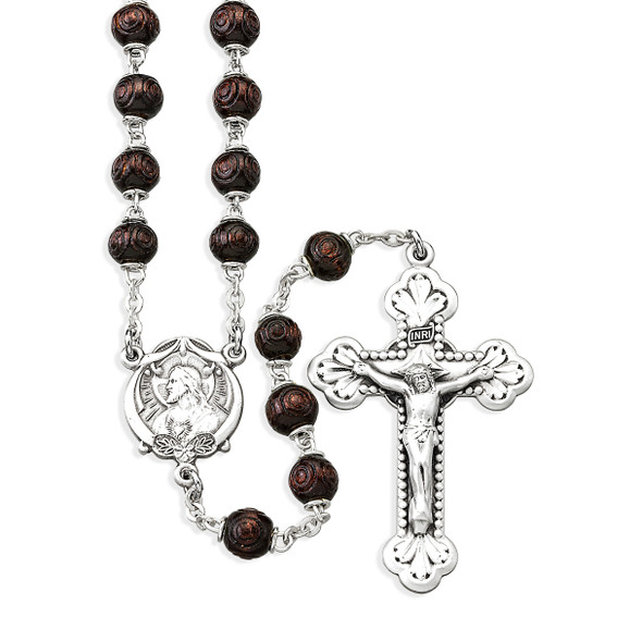 Maroon Carved boxwood Bead Rosary Sterling Crucifix and Centerpiece