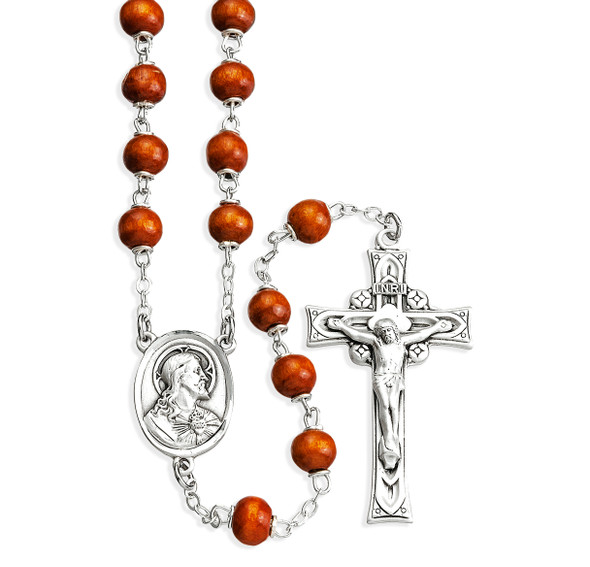 Brown Round Boxwood Rosary Sterling Crucifix and Centerpiece