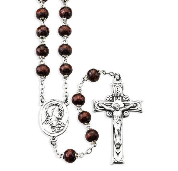 Maroon Round Boxwood Rosary Sterling Crucifix and Centerpiece