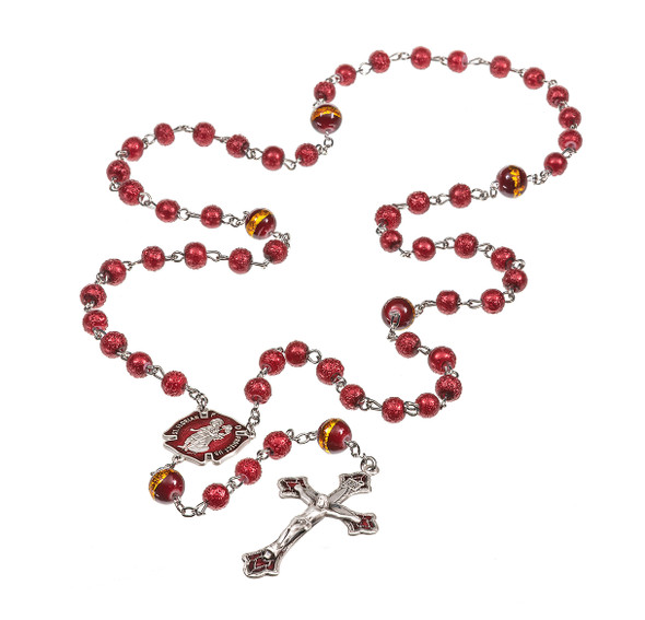 Sterling Silver Fireman St. Florian Rosary 6mm Red Lava Glass Beads