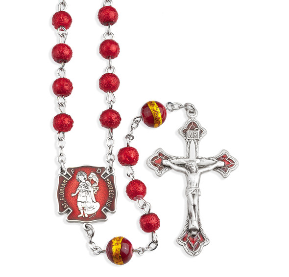 Sterling Silver Fireman St. Florian Rosary 6mm Red Lava Glass Beads