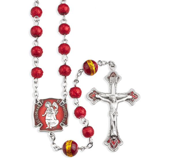 Sterling Silver Fireman St. Florian Rosary 6mm Red Lava Glass Beads Sterling Silver Fireman St. Florian Rosary 6mm Red Lava Glass Beads