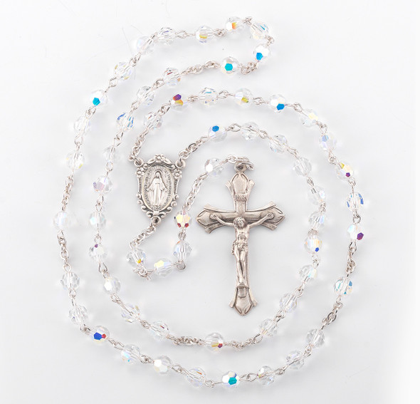 Rosary Sterling Crucifix and Centerpiece Created with finest Austrian Crystal 6mm Faceted Round Aurora Borealis Beads by HMH