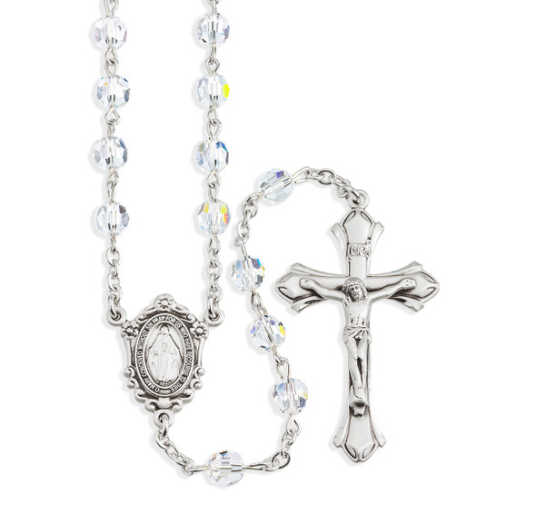 Rosary Sterling Crucifix and Centerpiece Created with finest Austrian Crystal 6mm Faceted Round Clear Beads by HMH