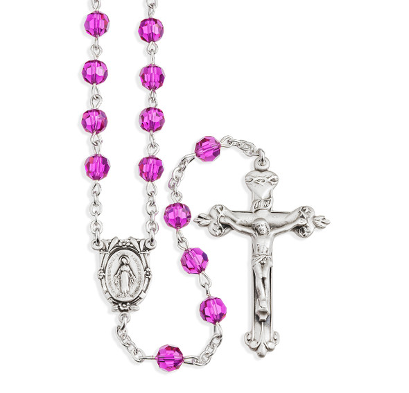 Rosary Sterling Crucifix and Centerpiece Created with finest Austrian Crystal 6mm Faceted Round Fuchsia Beads by HMH