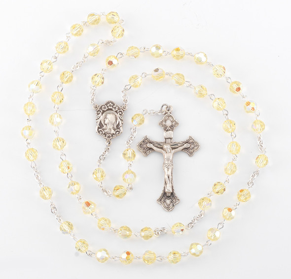 Rosary Sterling Crucifix and Centerpiece Created with finest Austrian Crystal 6mm Faceted Round Jonquil Beads by HMH