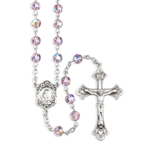 Rosary Sterling Crucifix and Centerpiece Created with finest Austrian Crystal 6mm Faceted Round Light Amethyst Beads by HMH