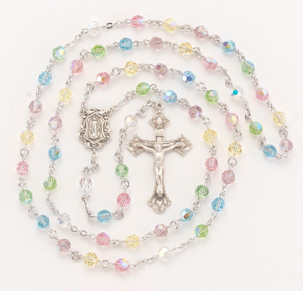 Rosary Sterling Crucifix and Centerpiece Created with finest Austrian Crystal 6mm Faceted Round Multi-Color Beads by HMH