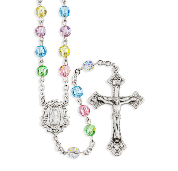 Rosary Sterling Crucifix and Centerpiece Created with finest Austrian Crystal 6mm Faceted Round Multi-Color Beads by HMH