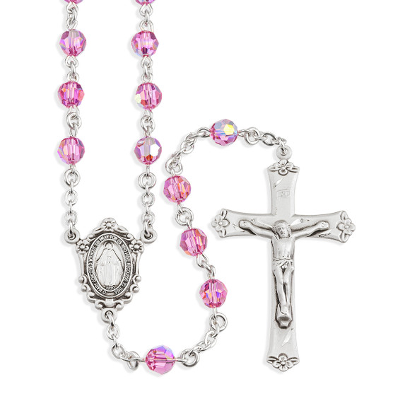 Rosary Sterling Crucifix and Centerpiece Created with finest Austrian Crystal 6mm Faceted Round Pink Beads by HMH