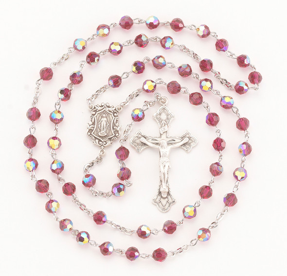 Rosary Sterling Crucifix and Centerpiece Created with finest Austrian Crystal 6mm Faceted Round Ruby Beads by HMH