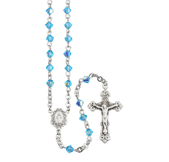 Rosary Sterling Crucifix and Centerpiece Created with finest Austrian Crystal 4mm Faceted Tin Cut Bicone Beads in Aqua by HMH Rosary Sterling Crucifix and Centerpiece Created with finest Austrian Crystal 4mm Faceted Tin Cut Bicone Beads in Aqua by HMH