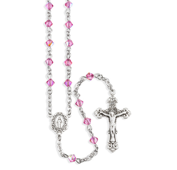 Rosary Sterling Crucifix and Centerpiece Created with finest Austrian Crystal 4mm Faceted Tin Cut Bicone Beads in Pink by HMH