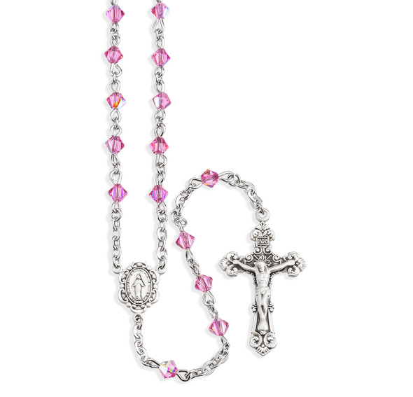 Rosary Sterling Crucifix and Centerpiece Created with finest Austrian Crystal 4mm Faceted Tin Cut Bicone Beads in Pink by HMH Rosary Sterling Crucifix and Centerpiece Created with finest Austrian Crystal 4mm Faceted Tin Cut Bicone Beads in Pink by HMH