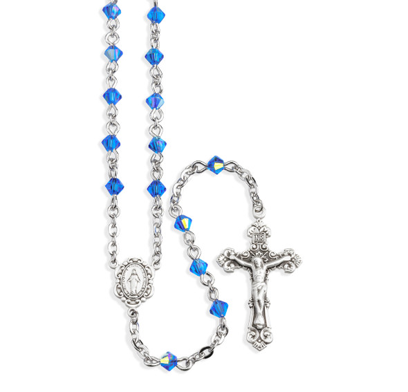 Rosary Sterling Crucifix and Centerpiece Created with finest Austrian Crystal 4mm Faceted Tin Cut Bicone Beads in Sapphire by HMH