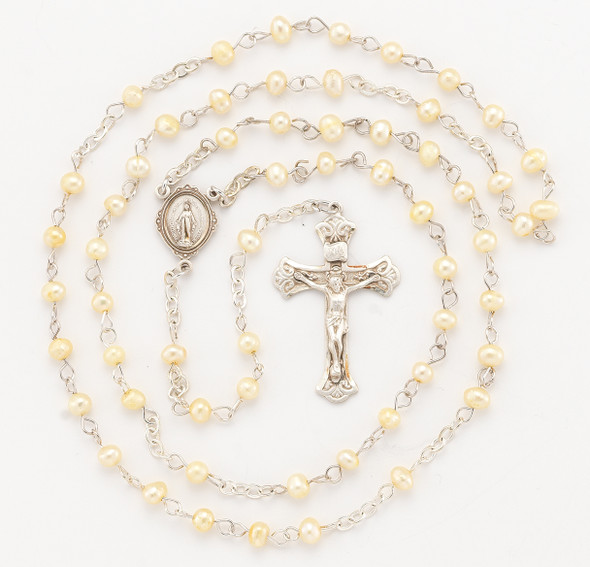 Gold Freshwater Pearl Rosary Sterling Crucifix and Centerpiece
