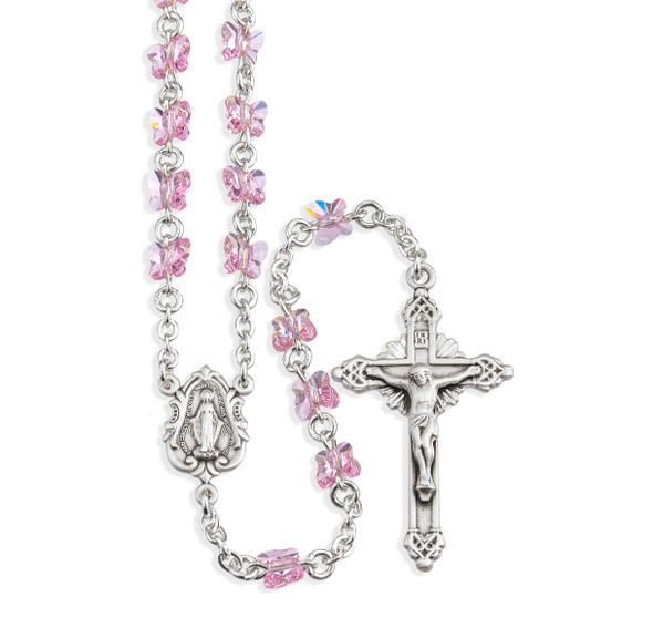 Rosary Sterling Crucifix and Centerpiece Created with finest Austrian Crystal 6mm Butterfly Beads in Light Rose by HMH