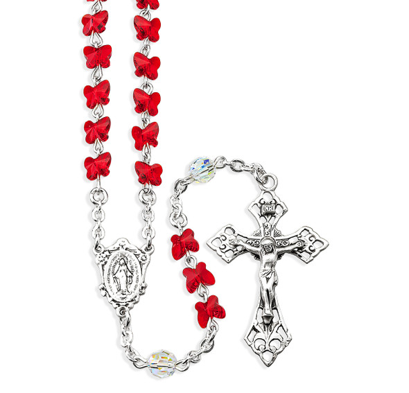 6mm Ruby Finest Crystal Butterfly Beads with Sterling Crucifix and Center