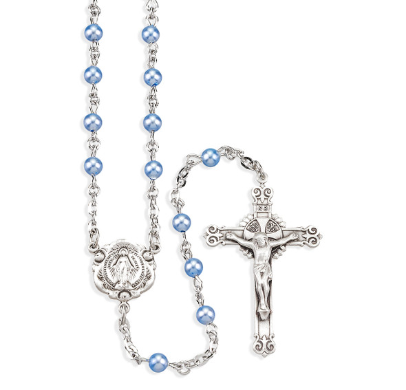 Rosary Sterling Crucifix and Centerpiece Created with finest Austrian Crystal 4mm Pearl Beads in Blue by HMH