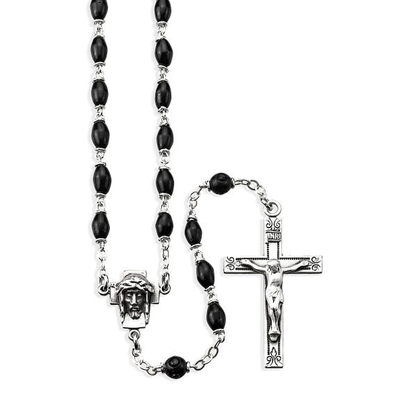 Black Oval Cocoa Bead Rosary Sterling Crucifix and Centerpiece