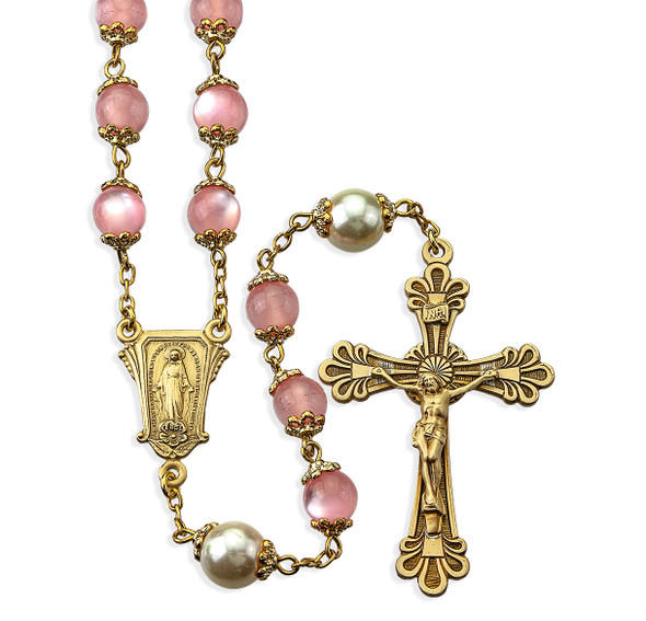8mm Light Rose Cats Eye Glass Double Capped Beads with Solid Brass Crucifix and Center