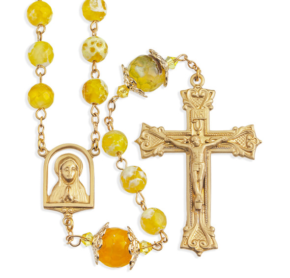 8mm Yellow and White Onyx Gemstone Bead Rosary with Double Capped O.F. Beads a Solid Brass Crucifix and Center