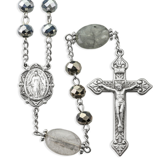 8mm Silver Vitriol Glass Beads with 20x12mm Oblong Smoke Glass O.F. Beads, Pewter Crucifix and Center