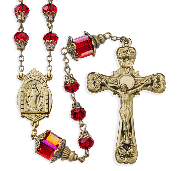 8mm Ruby Glass Faceted Capped Beads with 10mm O.F. Cube Beads with Antique Brass Crucifix and Center