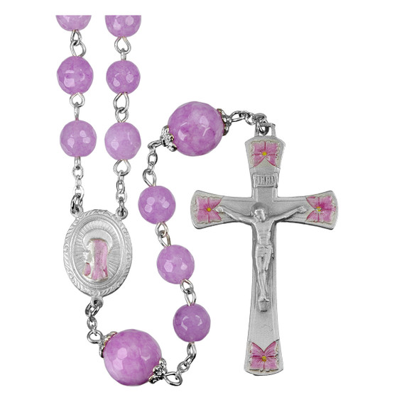 8mm Pink Jade Gemstone Bead Rosary made with Genuine Pewter Crucifix and Centerpiece