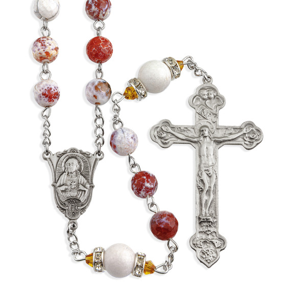 White and Rust Onyx Gemstone 8mm Bead Rosary with Genuine Pewter Crucifix and Centerpiece