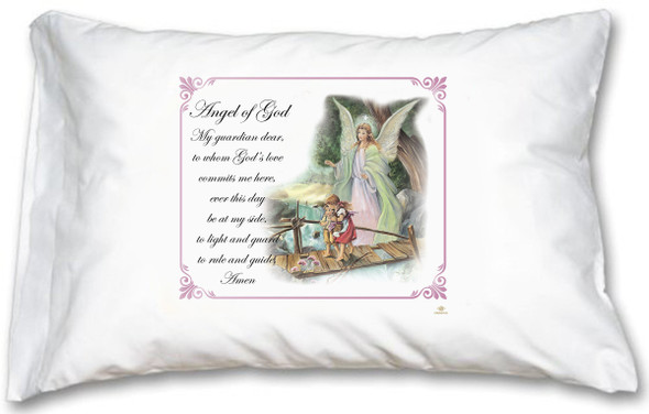 Guardian Angel Pink Border Pillow Case - English Prayer