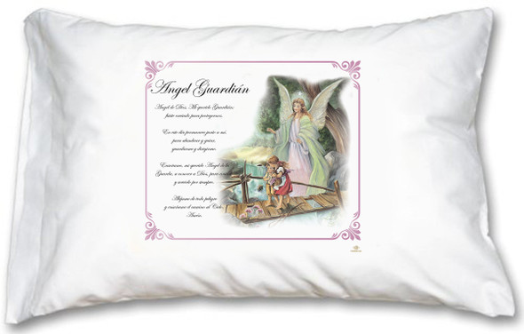 Guardian Angel Pink Border Pillow Case - Spanish Prayer