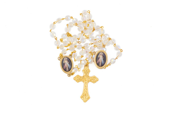 Divine Mercy Crystal Gold Rosary with Lapel Pin (April Birthstone)