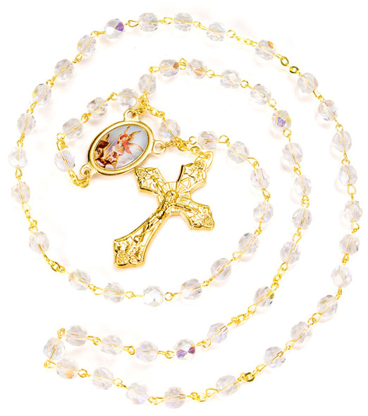 St. Michael Crystal Gold Rosary with Lapel Pin St. Michael Crystal Gold Rosary with Lapel Pin