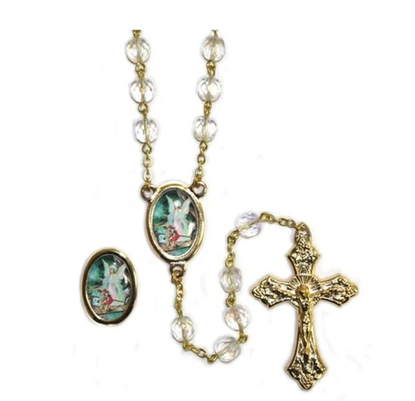 Guardian Angel Crystal Gold Rosary with Lapel Pin