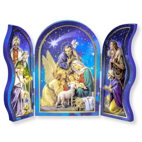 Nativity Scene with Christmas Blessings Standing Blue Wood Triptych Nativity Scene with Christmas Blessings Standing Blue Wood Triptych