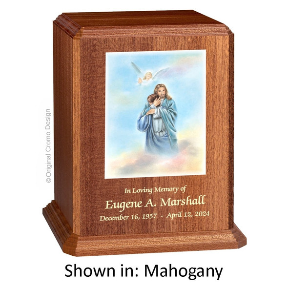 Paradise Jesus Hugging Mahogany Wood Urn  Paradise Jesus Hugging Mahogany Wood Urn