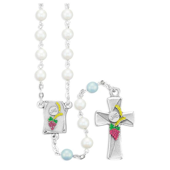 White Glass Beads with Blue Our Father Beads Rosary