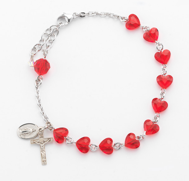 Sterling Silver Rosary Bracelet Created with 8mm Red Finest Austrian Crystal Heart Shape Beads by HMH Sterling Silver Rosary Bracelet Created with 8mm Red Finest Austrian Crystal Heart Shape Beads by HMH
