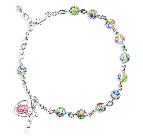 Rose Embedded Round Murano Glass Sterling Silver Rosary Bracelet Rose Embedded Round Murano Glass Sterling Silver Rosary Bracelet