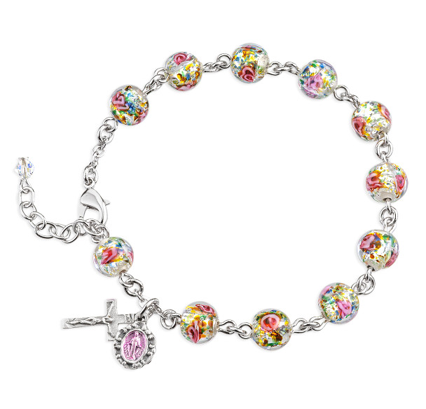 Rose Embedded Round Murano Glass Sterling Silver Rosary Bracelet