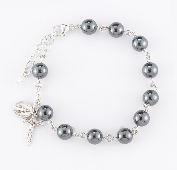 Genuine Hematite Round Sterling Silver Rosary Bracelet 8mm