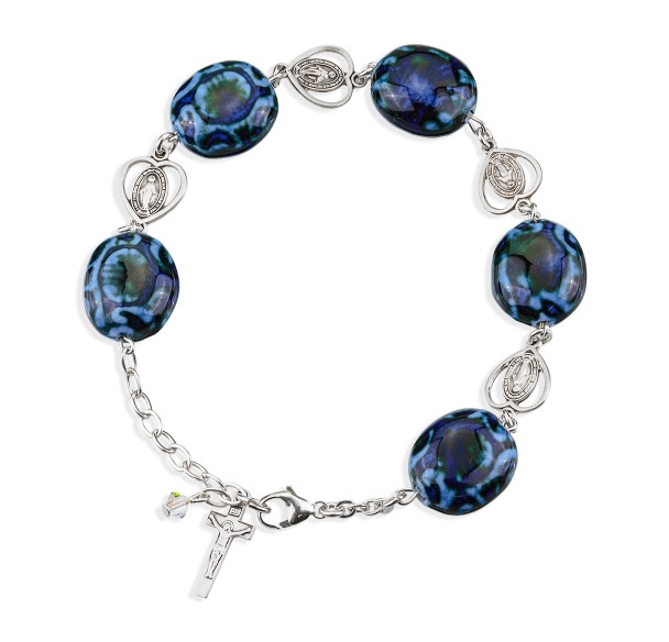 Dark and Light Blue Porcelain Pierced Heart Miraculous Sterling Silver Rosary Bracelet
