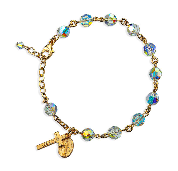 Gold Over Sterling Silver Rosary Bracelet Created with 7mm Aurora Borealis Finest Austrian Crystal Round Beads by HMH Gold Over Sterling Silver Rosary Bracelet Created with 7mm Aurora Borealis Finest Austrian Crystal Round Beads by HMH