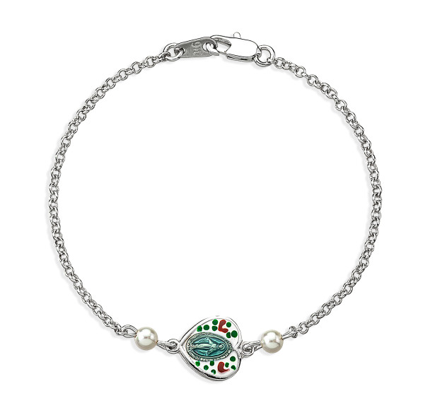 Sterling Silver Heart Miraculous Medal with Painted Flowers and Glass Pearls on Platinum Plated Rolo Chain Bracelet 7 1/2"