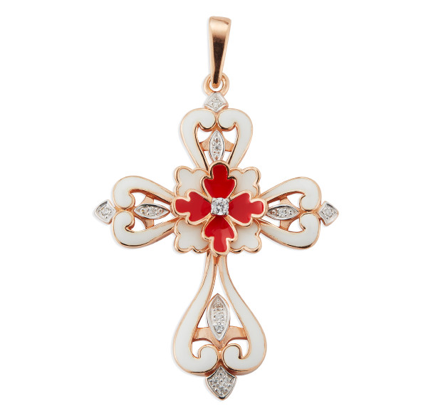 Rose Gold Over Sterling Silver Floral Cross with Red and White Enamel & CZ Accents